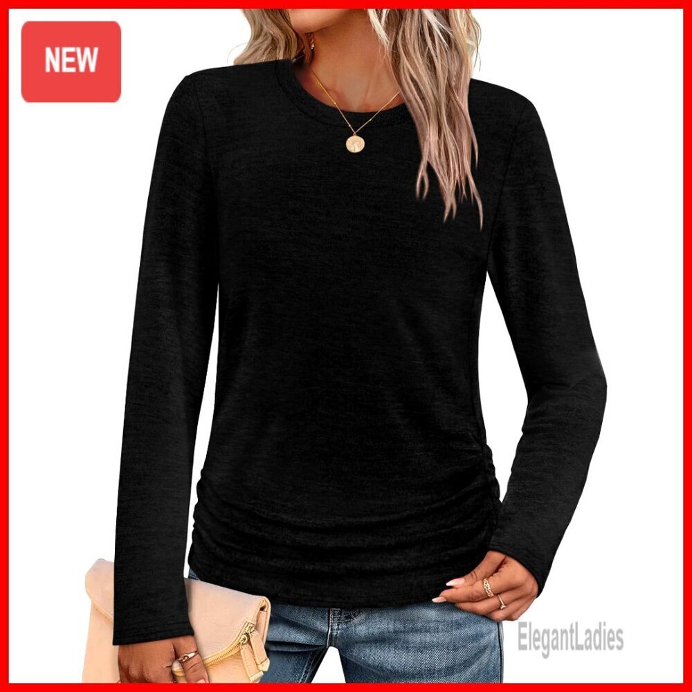Long Sleeve Tunic Sweater Ruched Design Loose Fit Polyester Blend